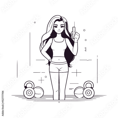 Cute Cartoon Woman Lifting Barbell in Squat Position - line art
