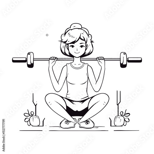 Cute Cartoon Woman Lifting Barbell in Squat Position - line art
