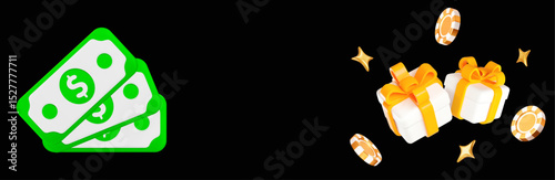 3d money with gold casino chips with stars around white gift boxes. Stock vector illustration on black isolated background.