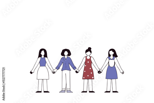 A row of women holding hands together a colorful design featuring female figures in unity