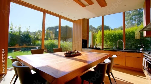 A bright dining area with a wooden table and chairs next to a large window overlooking a green garden
