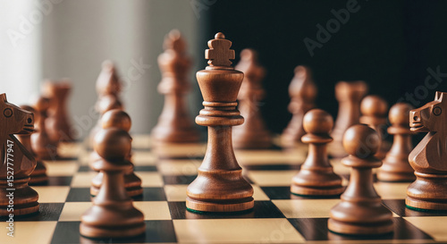 Classic wooden chess pieces arranged strategically on a board, with the king prominently centered among pawns, knights, bishops, and rooks showcasing rich textures and timeless elegance photo
