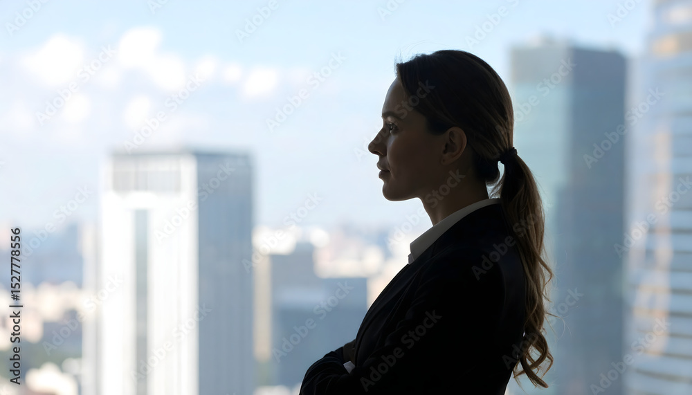 Fototapeta premium A successful businesswoman stands confidently by a large window overlooking a modern cityscape, showcasing ambition, determination, and professional success in a powerful silhouette portrait.