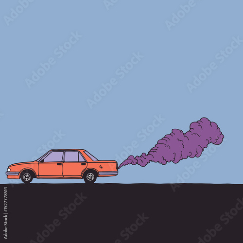 Retro Car on Road Emitting Pink Smoke – Minimalist Vector Art
