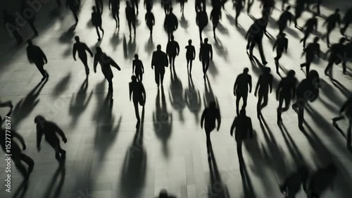 Many people are walking on a white floor, casting long shadows, creating a visual metaphor for choice, direction, and the fear of missing out - fobo - photo