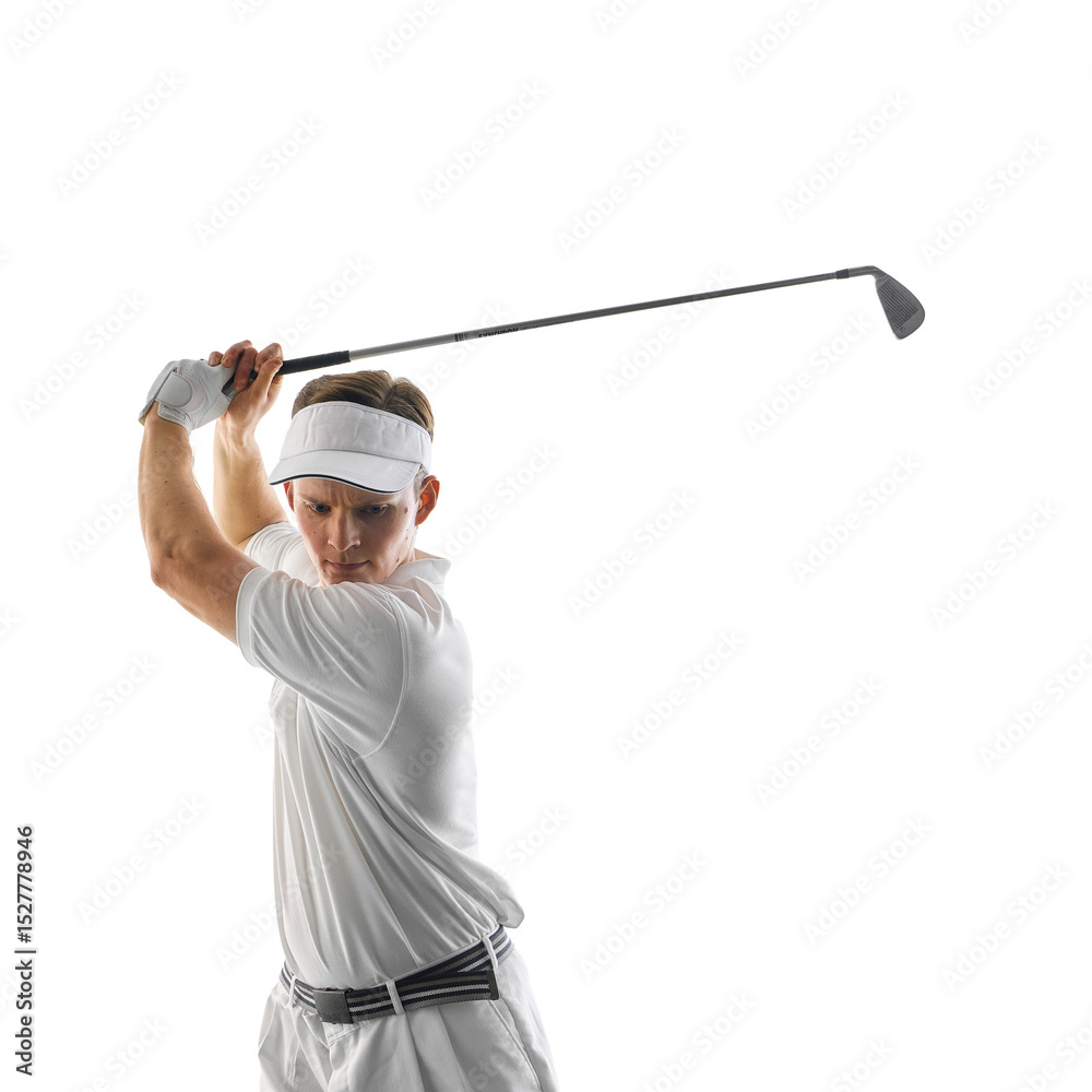 Golfer lifts club overhead in focused motion, showing readiness to swing, wearing glove and visor in classic all-white look against studio backdrop. Concept of energy, power, precision, luxury sport Golfer lifts club overhead in focused motion, showing readiness to swing, wearing glove and visor in classic all-white look against studio backdrop. Concept of energy, power, precision, luxury sport
