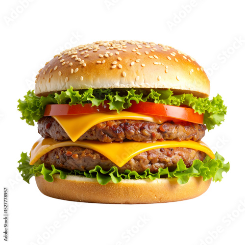 A double cheeseburger featuring two beef patties, melted cheddar cheese, fresh lettuce, tomato slices, and a sesame seed bun.