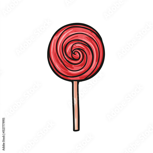 vibrant red lollipop with swirl design on stick  isolated on white background