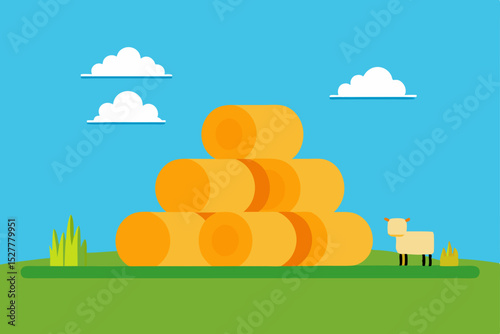 Rural Idyll Hay Bales Stacked High in a Sunny Pasture