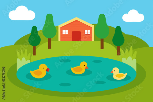 Charming Countryside Scene Ducks on a Pond near a Farmhouse Illustration