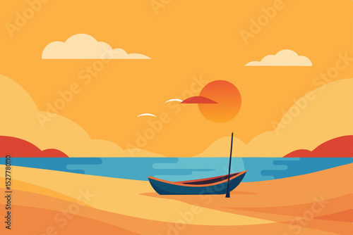 Serene Sunset A Coastal Boat at Golden Hour Illustration