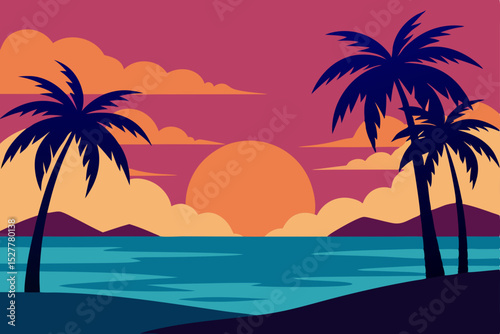 Sunset Silhouette Tropical Beach Paradise, Palm Trees and Ocean at Dusk