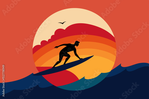 Sunset Surfer Silhouette of a Surfer Riding a Wave at Sunset