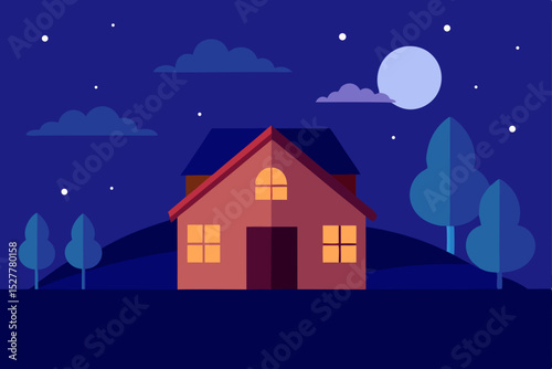 Serene Night Scene House on a Hill Under the Moonlight