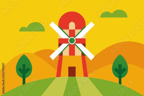 Tranquil Rural Landscape Windmill in Sunset Hills Illustration