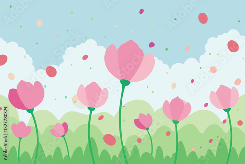 Vibrant Pink Flowers in a Spring Meadow A Delightful Floral Illustration