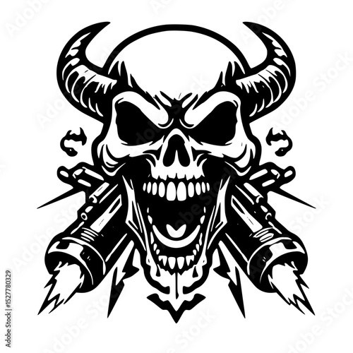 Vector art of horned skull with crossed blasters firing lightning bolts, isolated on transparent background vector silhouette