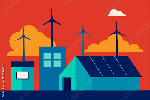 Sustainable Cityscape Wind Turbines, Solar Panels, and Green Energy Solutions
