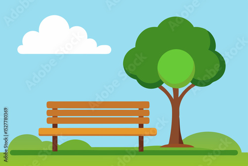 Serene Park Bench Illustration Tranquil Nature Scene with Tree and Sky