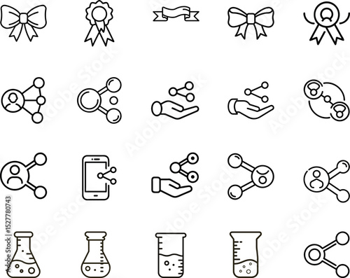 Collection of network science and award vector icons isolated on transparent background