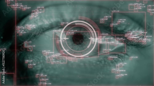 Blue digital eye with red biometric data. Future innovation face identification hi-tech technology. Total surveillance and retina ID concept