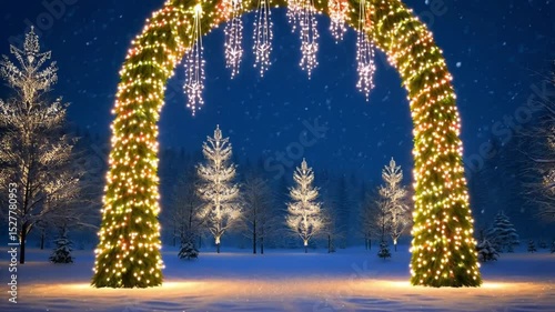 Winter wonderland scene with illuminated archway and christmas trees covered in snow at night
