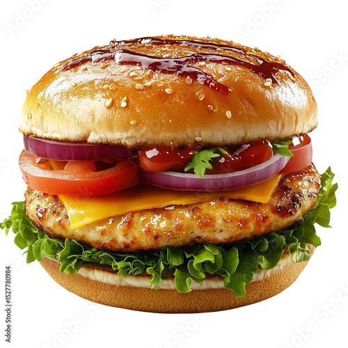 A delicious burger with chicken patty and fresh vegetables layers on transparent background