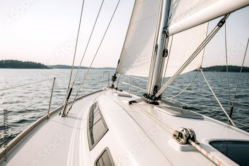 Elegant White Sailboat Gliding Over Calm Waters Toward Distant Shoreline Under Soft Light Of Afternoon