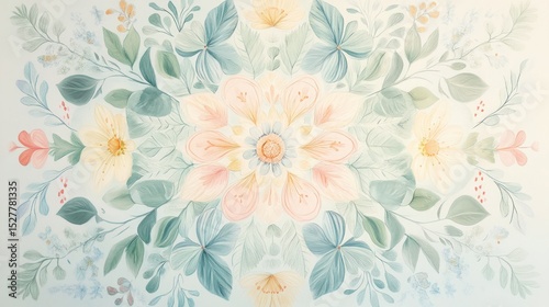 Floral symmetrical design with pastel flowers and leaves.
