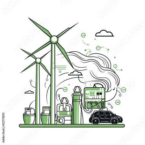 Green Energy and Electric Vehicle Charging Station – Wind Power and Eco Transport Vector
