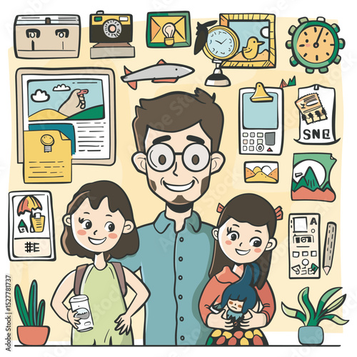 Happy Father with Daughters at Home – Hand-Drawn Family and Memory Wall Vector