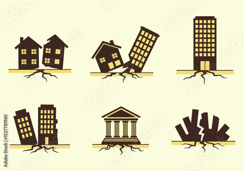Vector illustration symbol of six natural disasters that are destroying homes and buildings