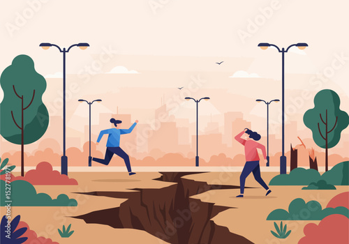 Vector illustration of an earthquake hitting a city makes people panic