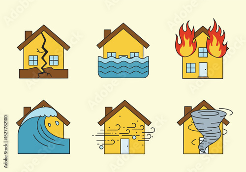Vector illustration of six natural disasters that are destroying homes