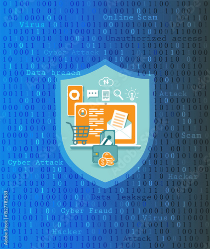 Data unbreaches, data leakage prevention concept. Personal mailing, private data, online purchasing, social contacts - digital security. Defence, protection from hackers, scammers. Vector illustration