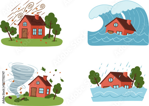 Various kinds of natural disasters including fire, tsunami, flood, and tornado. Flat design vector illustration