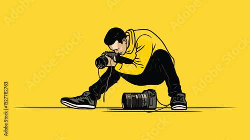 Urban Photographer in Yellow Hoodie Taking Photo – Street Photography Vector Illustration