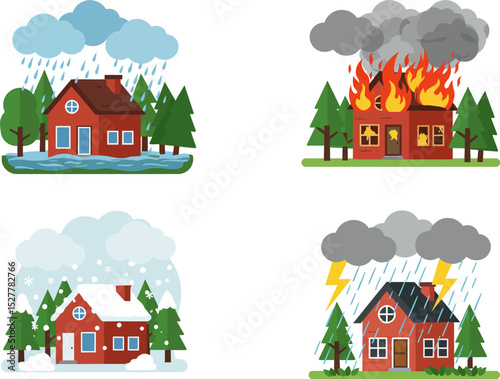Vector illustration of four types of natural disasters including thunderstorm, fire, flood, and snowfall