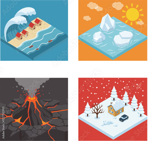 Four natural disaster including tsunami, global warming, volcano eruption, and snowstorm. Vector isometric illustrations