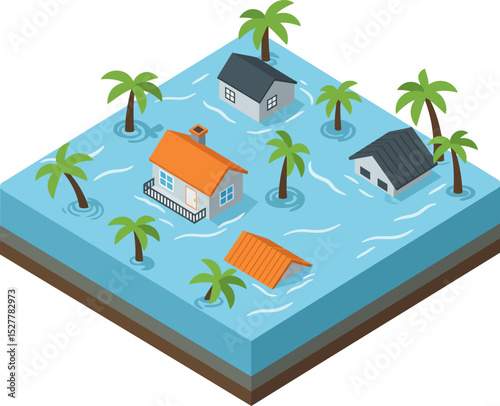 Isometric vector illustration of a flood disaster hits houses and residential architecture