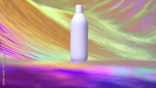 White bottle with cap on reflective surface against abstract colorful wavy background in studio shot