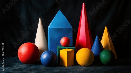 Colorful geometric shapes arranged in a still life composition on a dark background.