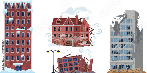 Vector cartoon illustration set of city buildings with buildings destroyed by natural disasters