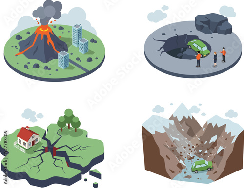 Four disaster vector illustration set of nature landscapes with volcano, sinkhole, earthquake, and landslide