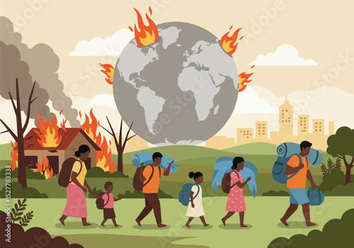 family evacuated after a house fire, flat vector illustration
