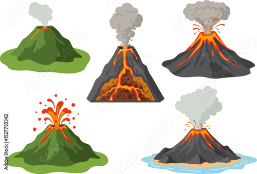Flat vector set of mountain volcano illustrations landscapes