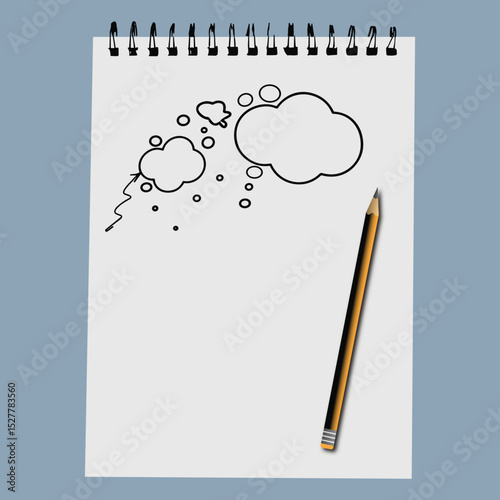 Creative Thought Bubble Sketch on Spiral Notebook with Pencil – Blue Background Concept