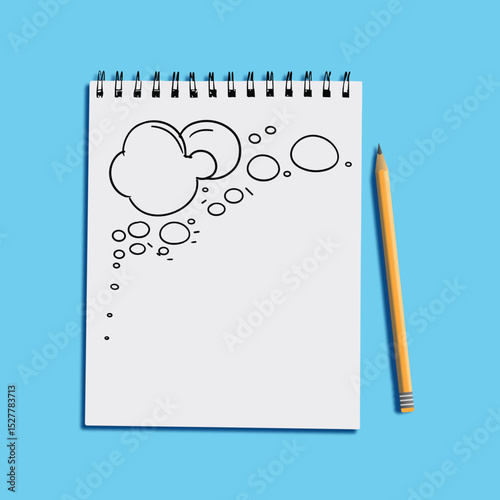 Creative Thought Bubble Sketch on Spiral Notebook with Pencil – Blue Background Concept