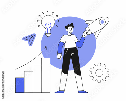 Young man launching startup business growth idea