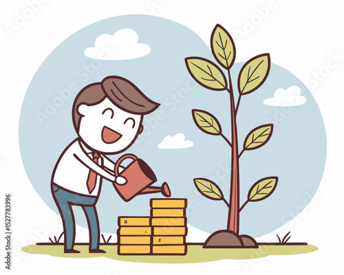 Happy businessman watering growing money plant